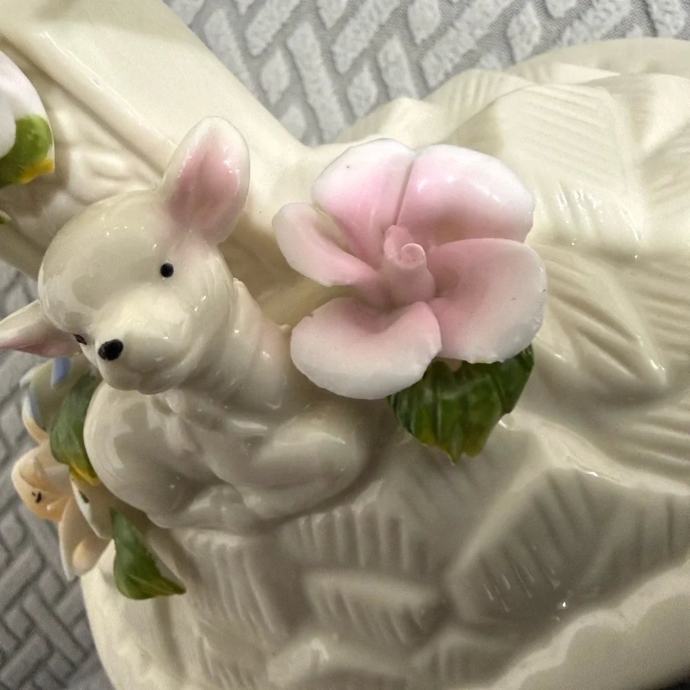 Porcelain Cross Trinket Music Box with Pastel Floral Accents Lamb Amazing Grace
